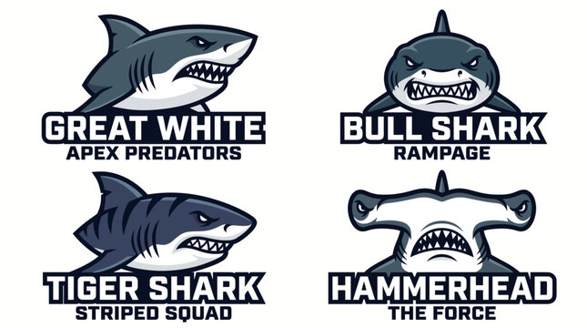 Set of aggressive shark mascot logos for sports teams.