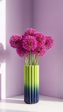 Modern 3D render of purple allium flowers in a ribbed cylindrical vase with a yellow to blue gradient color transition against a minimalist purple wall with soft sunlight