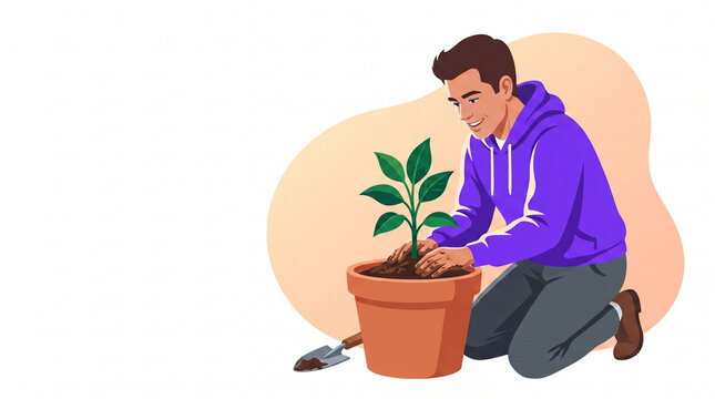 Young man planting a small tree in a flower pot with a trowel  