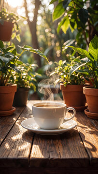 Steaming cup of hot black coffee on a rustic wooden table in a sunny garden setting with blurred green potted plants and soft natural morning light for cozy vibes