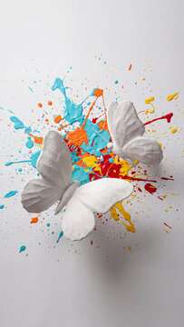 Artistic composition of two white sculpted butterflies floating above a dynamic splash of colorful acrylic paint in red yellow blue and orange isolated on a clean white background