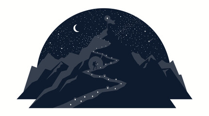 Obraz premium Minimalist mountain landscape illustration at night with winding path.