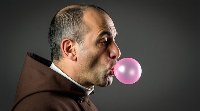 Monk in brown habit blows pink bubble gum. Religious man with tonsure haircut serious expression chewing candy. Studio portrait of friar with funny contrast between traditional clothing, modern