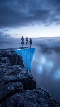 Surreal digital landscape featuring three tall pine trees standing on a floating blue ice glacier cliff overlooking a misty valley under a moody dark cloudy winter sky.