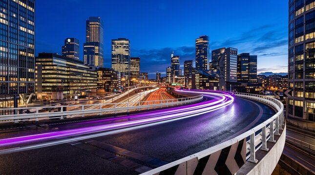 Modern cityscape illuminated at twilight features high speed motion blur light trails stretching along a curved highway road leading toward tall glass skyscrapers and office buildings