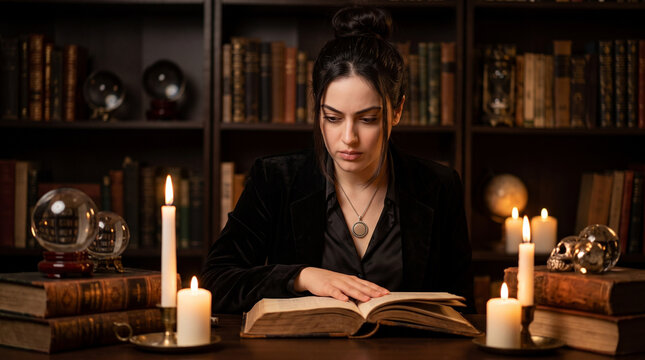 Elegant woman reading an ancient grimoire book at a wooden desk surrounded by burning candles and crystal balls in a library