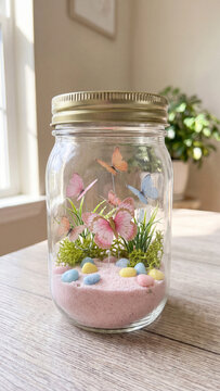 Whimsical decorative glass jar terrarium containing colorful artificial butterflies, pink sand, pastel pebbles, and faux greenery on a wooden table near a bright window