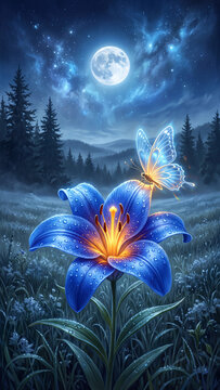 Ethereal digital illustration of a glowing blue lily flower and luminous butterfly under a large full moon in a starry night forest with magical sparkling light effects
