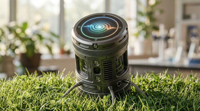 Quantum gravity sensor cylinder on grass in bright garden light with futuristic metallic detail and glowing spiral display