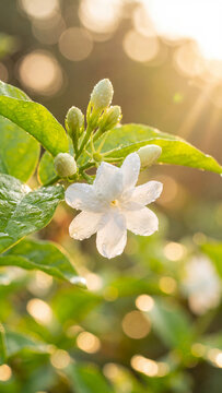 Close-up of a delicate white jasmine flower with sparkling dew drops on petals and green leaves in warm golden morning sunlight with soft bokeh background for natural wellness concept