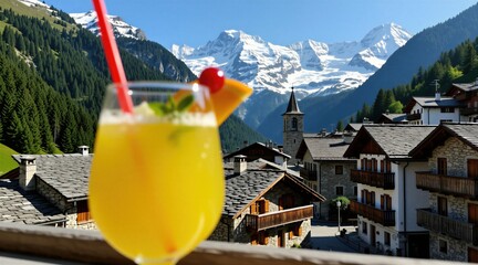 Fototapeta premium Yellow cocktail with orange slice cherry mint garnish sits in front of village snow capped mountains. Drink served at mountain resort hotel balcony terrace cafe.