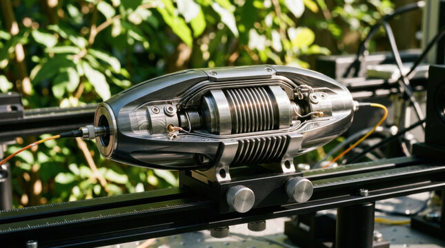 Optical faraday rotator barrel close up, metal device with glass chamber and coil on rail
