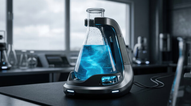 Erlenmeyer flask glass laboratory vessel blue liquid science equipment on dark table in modern lab interior