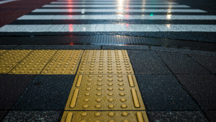 Fototapeta premium Yellow tactile paving tiles leading to a wet pedestrian crossing