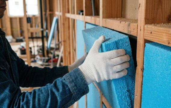 Construction worker installing blue foam insulation board in wall studs with insulation construction building