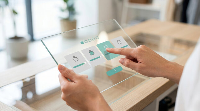 Glass tablet touch screen online shop payment digital interface shopping cart close up hand finger display