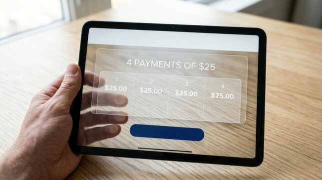Split payment screen tablet payment screen hand touch close up installment digital
