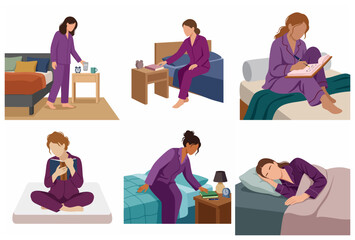 Fototapeta premium Set of flat vector illustrations depicting a woman's morning and evening bedroom routines, including sleeping, reading, journaling, and waking up.