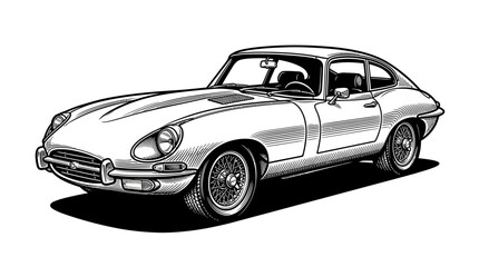 Fototapeta premium Sleek vintage sports car profile ink drawing illustration.