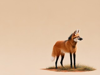 Obraz premium Wild Animal Background - Maned Wolf. Maned wolf standing on grassy patch against a neutral background, showcasing its distinctive reddish-brown fur and long legs