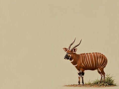 Wild Animal Background - Bongo. Bongo antelope standing on a grassy patch against a neutral background, showcasing its distinctive orange-brown coat and white stripes