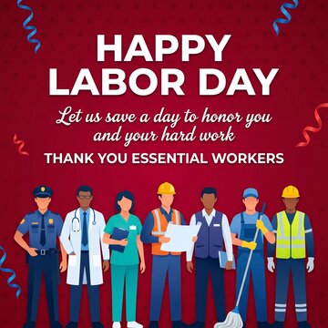 Labor day greeting illustration featuring diverse essential workers standing together in front of a festive red background to celebrate their professional contributions and hard work