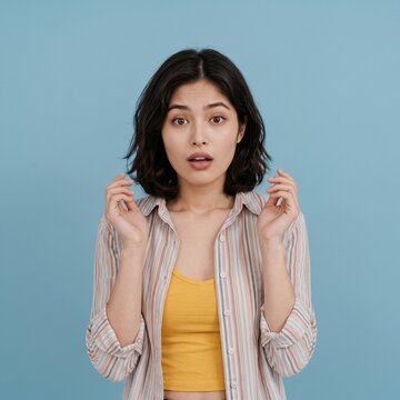 A young woman with short dark hair looking surprised and confused, wearing a casual striped shirt over a yellow top against a plain light blue background in a studio portrait