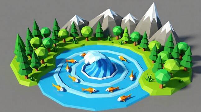 Low poly island illustration with mountain peaks, green trees around blue lake. Gold fish swim in water near small wave. Abstract 3d render of nature landscape for game design, digital art,