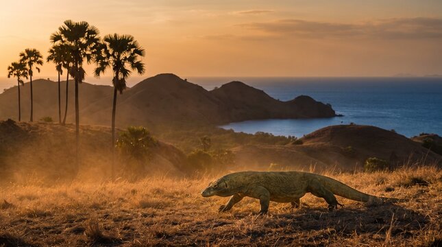 Wild Komodo dragon walking through golden savanna at sunset, surrounded by lontar palms, green hills, and the blue ocean on a tropical Indonesian island