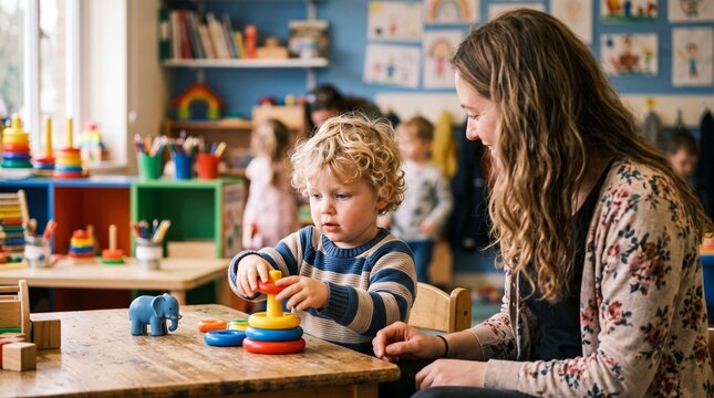 Blonde toddler learning motor skills by stacking vibrant colorful plastic rings while sitting at a small wooden table with a gentle teacher in bright nursery