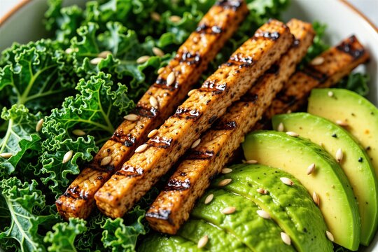 Close up top view of vegan keto bowl with grilled tempeh strips kale leaves, fresh avocado slices. Healthy plant based meal served in ceramic dish. Delicious protein rich lunch recipe for clean