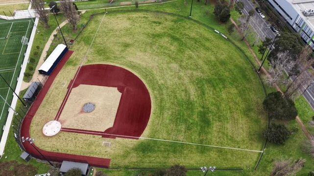 Aerial view of a baseball field diamond in a park