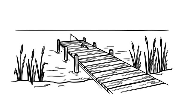 Wooden Fishing Pier on Calm Lake with Reeds Hand Drawn Black Outline Vector