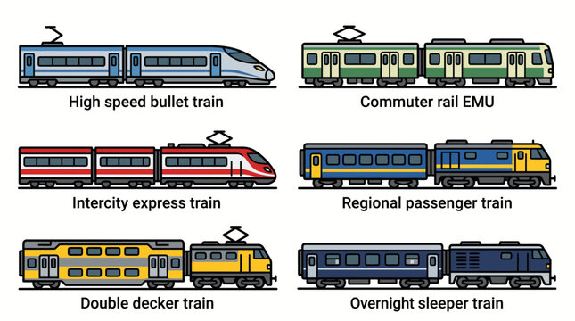 Set of various types of passenger trains including high speed and commuter models.