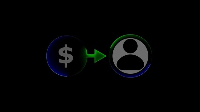 A minimalist on a black background with glowing effects, showing a blue-rimmed dollar sign coin connected by a green arrow to a gray person with a blue rim.