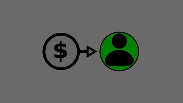 A minimalist on a gray background featuring a dollar sign coin with a black outline and gray fill, connected by a black arrow to a green person with a black fill