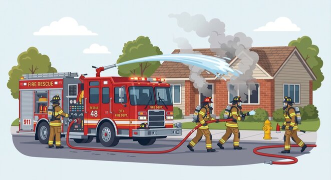 Firefighters spraying water to extinguish burning residential house fire vector illustration
