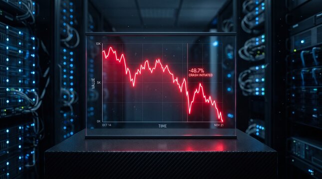 Glowing red digital stock market crash graph displayed on a transparent glass screen set against the dark blurred server racks of a modern high tech datacenter