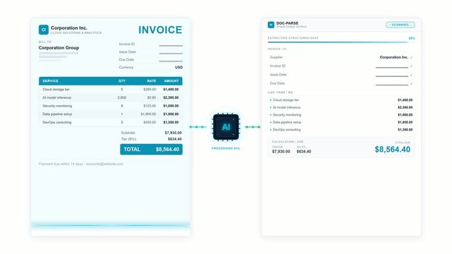 AI document processing extracting structured data from an invoice with scanning line automation. 4K Video