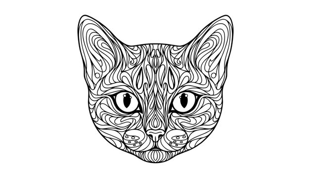Detailed Cat Face Mandala Line Art Vector Illustration with Intricate Tribal Patterns for Adults Coloring Pages Anti Stress Relaxation and Tattoo Graphic Designs