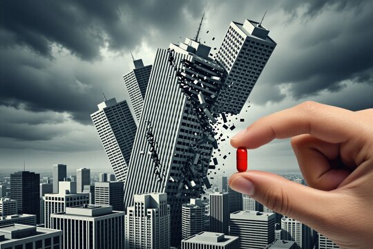 Human hand holds red pill in front of collapsing skyscrapers under dark stormy sky. Concept shows choice between false reality, destruction. Surreal image crumbling city buildings as symbol of