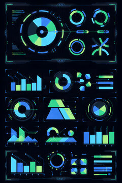 Futuristic HUD UI elements displaying digital data and analytical charts on a dark background for sci-fi interface design.