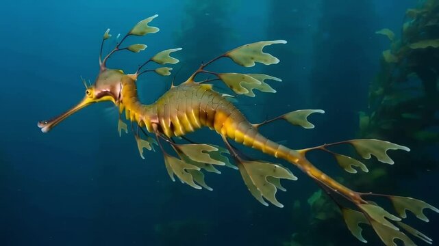 Realistic Leafy Seadragon Swimming Through Kelp Forest Underwater