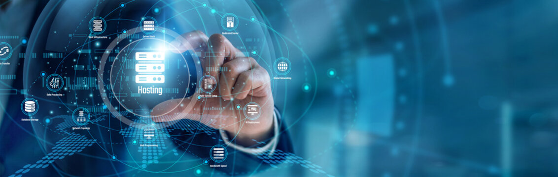 A cloud architect handhold Hosting platforms. Systems admin using server panels managing website uptime and data storage metrics on dashboard displays. Reliable infrastructure and secure network.