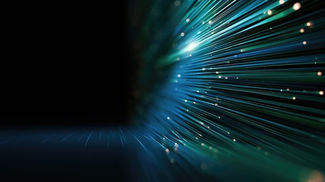 Glowing blue and green strands of light burst forward from a dark, futuristic expanse