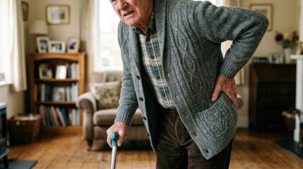Fototapeta premium Elderly man with hip pain leaning on a cane at home
