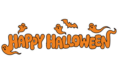 Fototapeta premium Happy Halloween vector text design with cutout eyes type lettering on white. Cute ghost and bat characters integrated into spooky orange typography. isolated on White Background halloween