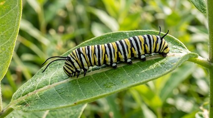 Naklejka premium Monarch caterpillar crawling on a green leaf in a sunny garden