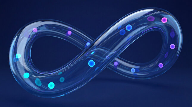 Infinity-shaped glass 3D loop rendered with scattered color orbs