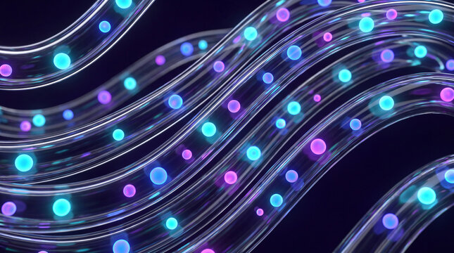Rippling glass 3D strands dotted with colorful data points
